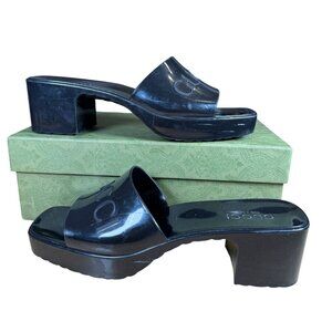 Gucci Rubber Logo Sandals Black PVC Glossy Mule Platform Slide Size 41
